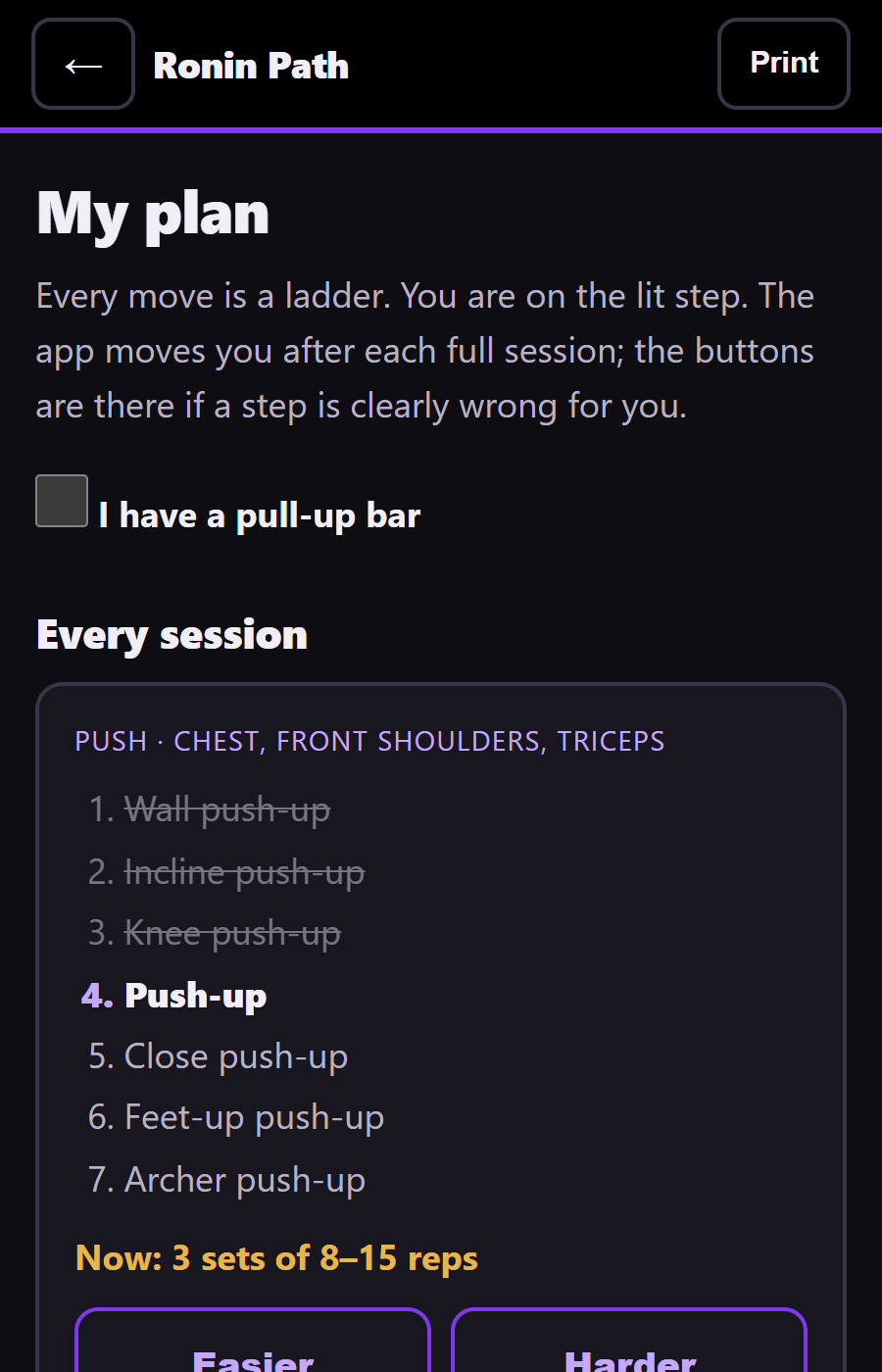 The plan screen: the push-up ladder with the current step lit, and buttons for easier and harder.